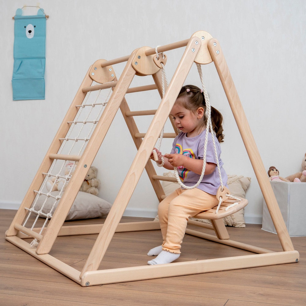 41х37″ Up to 4 Years Small Toddler Climbing Triangle Scandinavian Baby Play Gym, Montessori Play Gym with Waldorf Ladder or Baby Swing