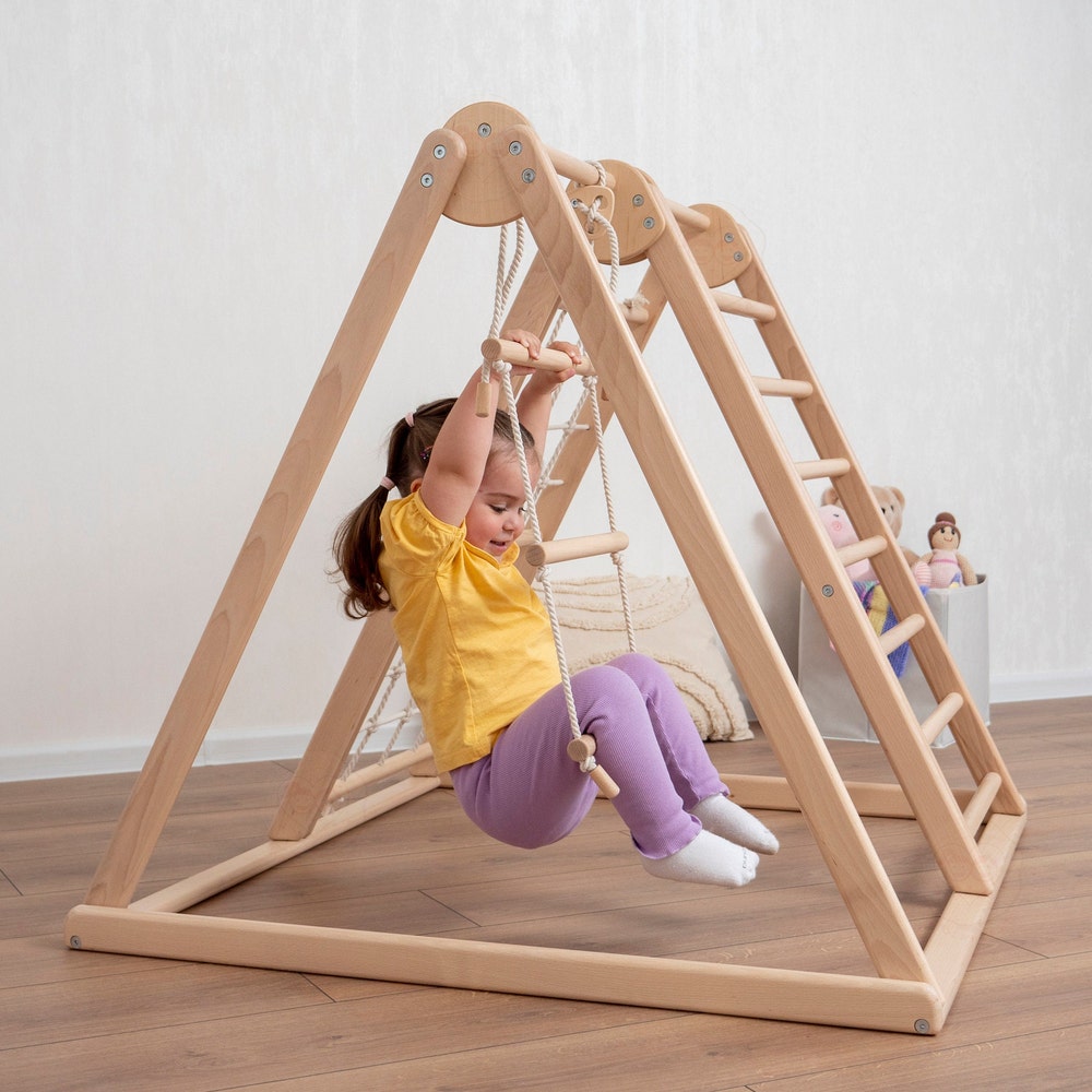41х37″ Up to 4 Years Small Toddler Climbing Triangle Scandinavian Baby Play Gym, Montessori Play Gym with Waldorf Ladder or Baby Swing