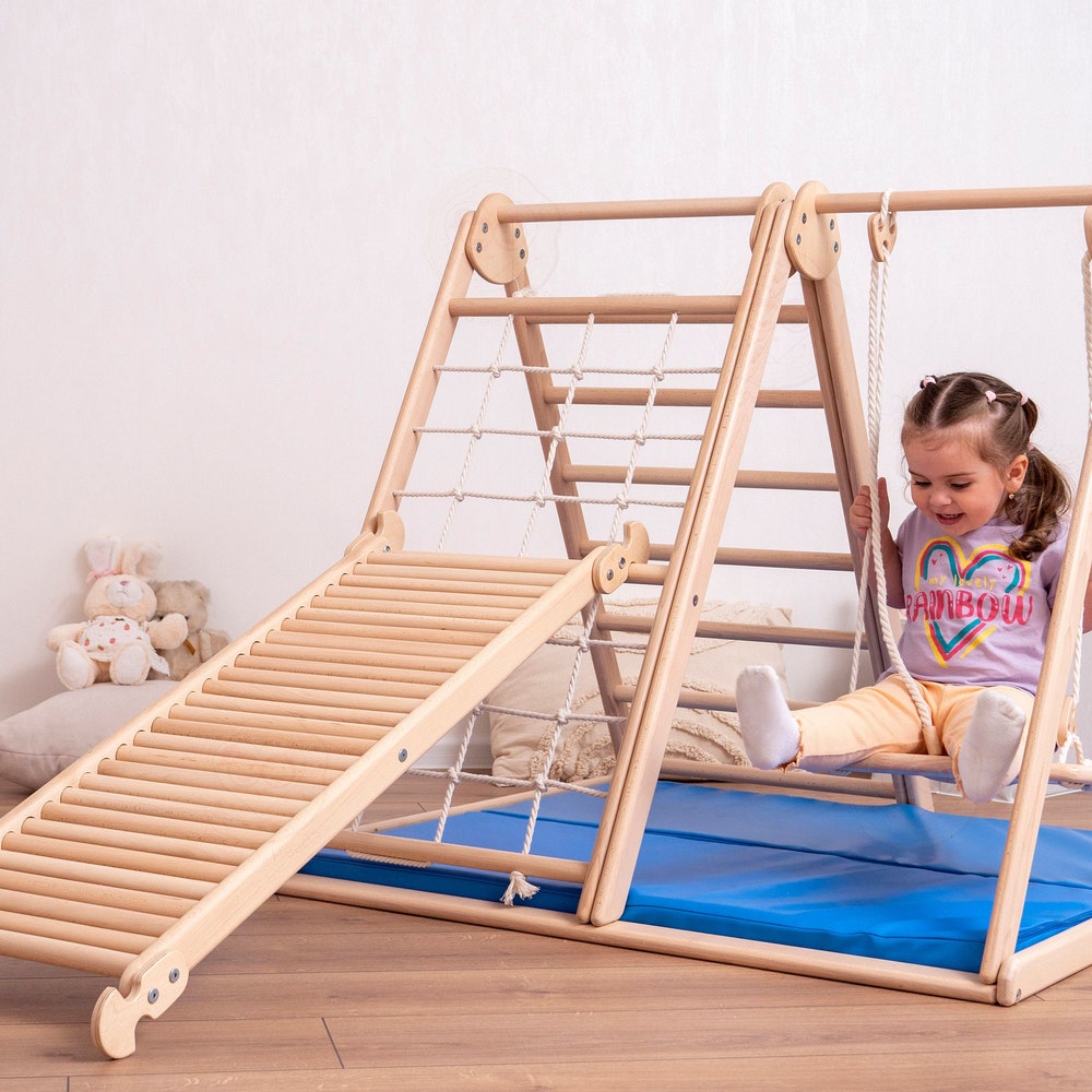 41х37″ Up to 4 Years Small Scandinavian Climbing Triangle Complex with Massager Wobble Board, Waldorf Ladder or Baby Swing and Baby Play Mat