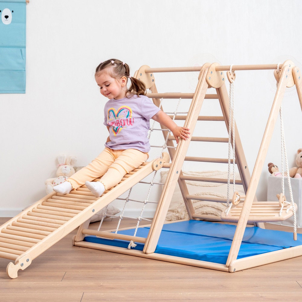 41х37″ Up to 4 Years Small Scandinavian Climbing Triangle Complex with Massager Wobble Board, Waldorf Ladder or Baby Swing and Baby Play Mat