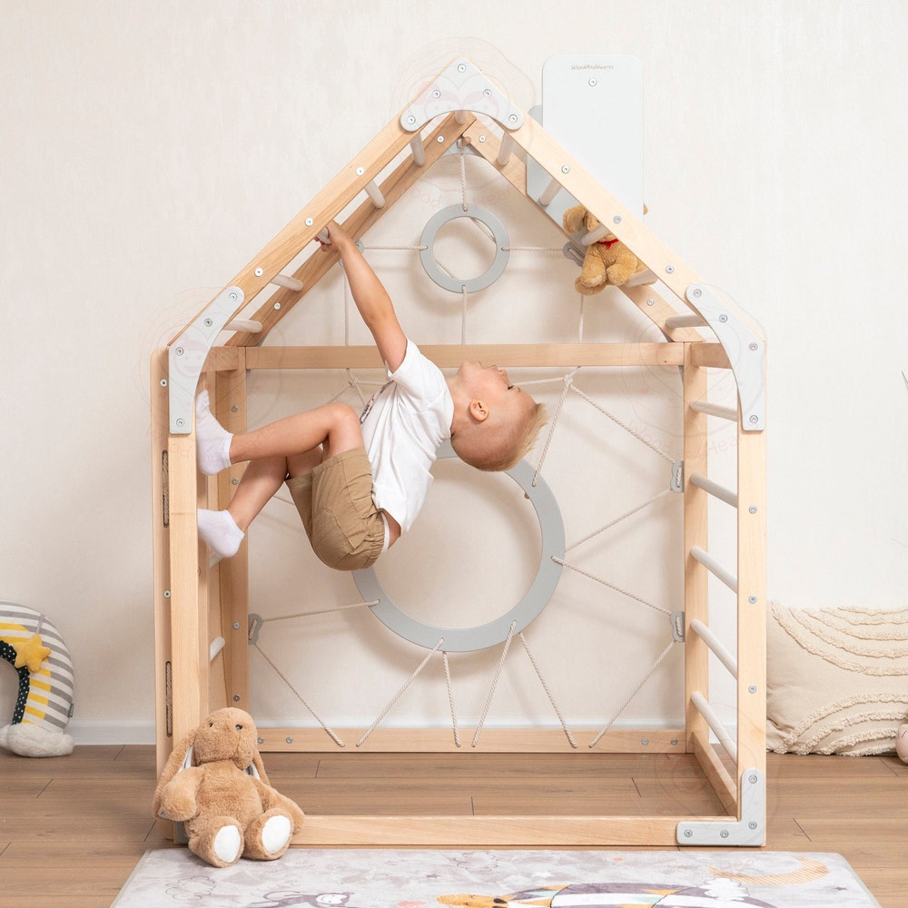 56x43" Up to 6 Years Indoor Playground Baby Gym Playhouse & Optional Wobble Board Wood Countertop, Montessori Nursery Mobile Home Gym