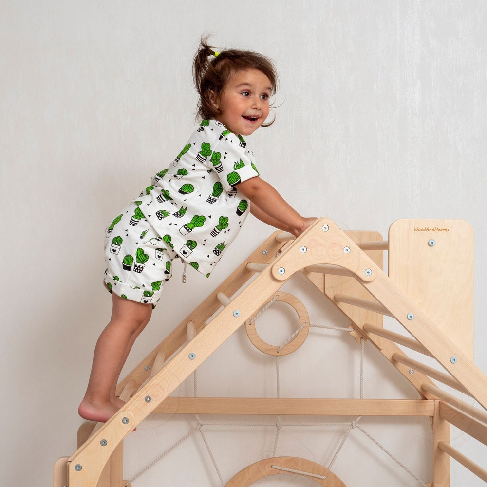 56x43" Up to 6 Years Indoor Playground Baby Gym Playhouse & Optional Wobble Board Wood Countertop, Montessori Nursery Mobile Home Gym