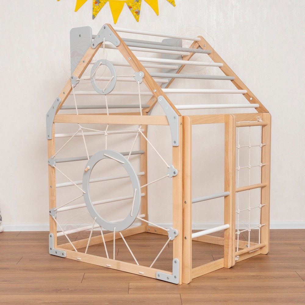 56x43" Up to 6 Years Indoor Playground Baby Gym Playhouse & Optional Wobble Board Wood Countertop, Montessori Nursery Mobile Home Gym