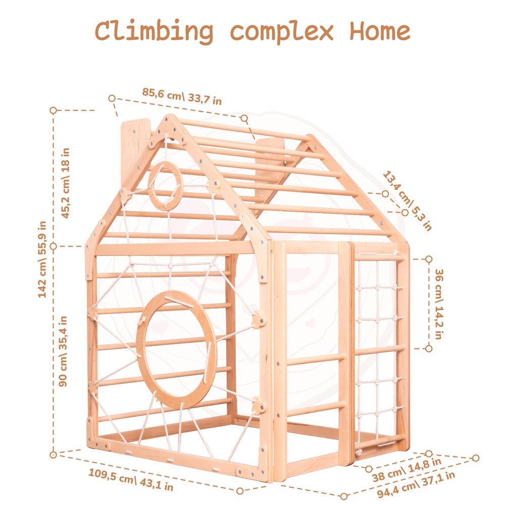 56x43" Up to 6 Years Montessori Climber Playhouse with Waldorf Baby Swing, Gymnastics Rings & Toddler Climber Rope, Handmade Furniture Gift