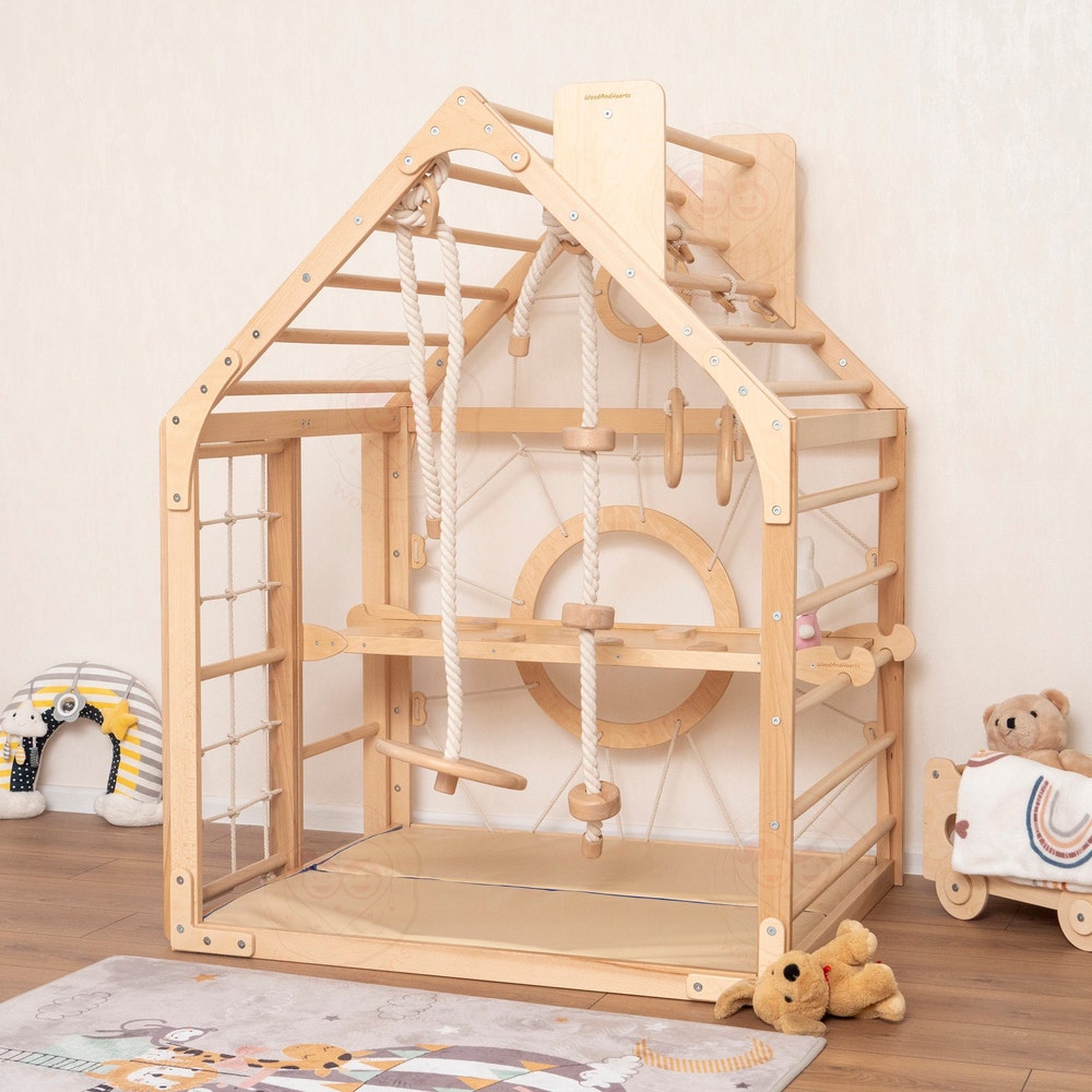 56x43" Up to 6 Years Baby Mobile Unique Montessori Play Gym Bundle: Toddler Gym Playhouse, Rock Climbing Wooden Slide & Baby Swing, Playmat