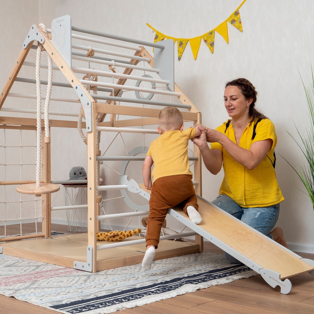 56x43" Up to 6 Years Baby Mobile Unique Montessori Play Gym Bundle: Toddler Gym Playhouse, Rock Climbing Wooden Slide & Baby Swing, Playmat