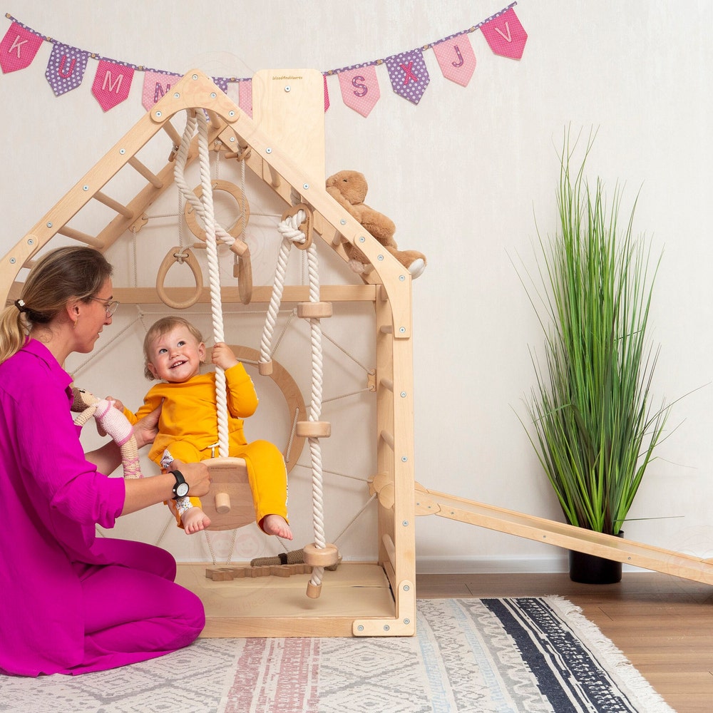 56x43" Up to 6 Years Baby Mobile Unique Montessori Play Gym Bundle: Toddler Gym Playhouse, Rock Climbing Wooden Slide & Baby Swing, Playmat