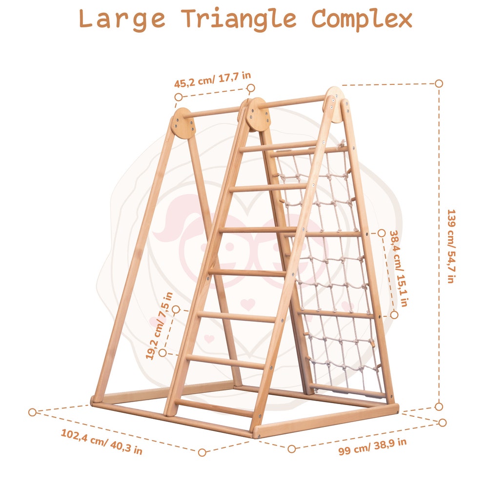 55x40" Up to 6 Years Baby Mobile Large Triangle Climber Scandinavian Indoor Playground, Busy Board Massager Ramp & Waldorf Rope Accessory