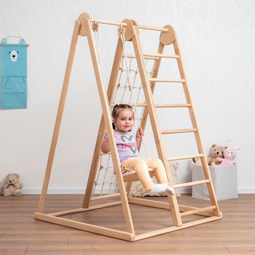 55x40" Up to 6 Years Baby Mobile Large Triangle Climber Scandinavian Indoor Playground, Busy Board Massager Ramp & Waldorf Rope Accessory
