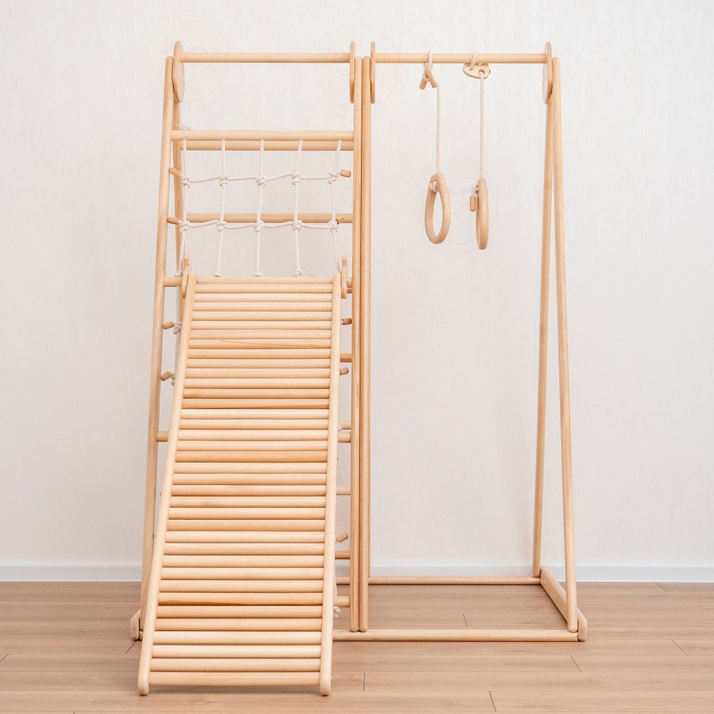55x40" Up to 6 Years Baby Mobile Large Triangle Climber Scandinavian Indoor Playground, Busy Board Massager Ramp & Waldorf Rope Accessory