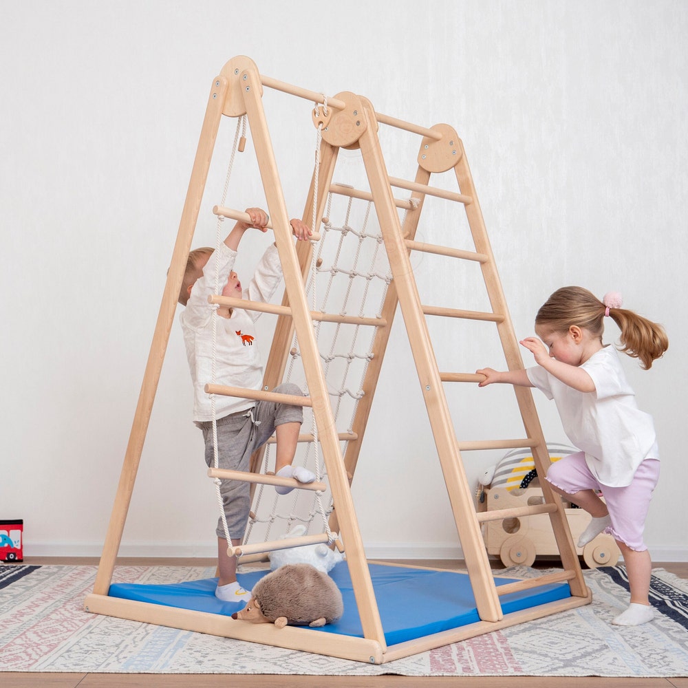 55x40" Large Scandinavian Triangle Climber Complex with Montessori Toddler Rope Accessory and Baby Play Mat Waldorf Soft Play Equipment