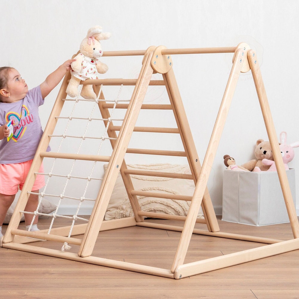 41х37″ Up to 4 Years Small Toddler Climbing Triangle Scandinavian Baby Play Gym, Montessori Play Gym with Waldorf Ladder or Baby Swing