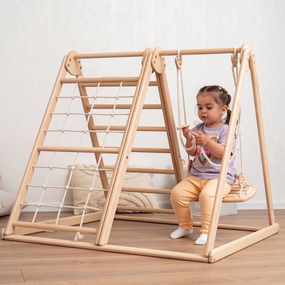 41х37″ Up to 4 Years Small Toddler Climbing Triangle Scandinavian Baby Play Gym, Montessori Play Gym with Waldorf Ladder or Baby Swing