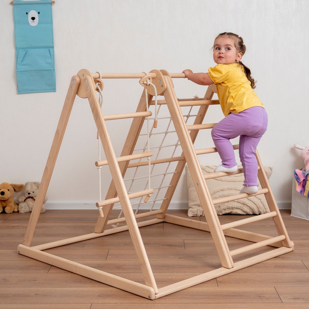 41х37″ Up to 4 Years Small Toddler Climbing Triangle Scandinavian Baby Play Gym, Montessori Play Gym with Waldorf Ladder or Baby Swing