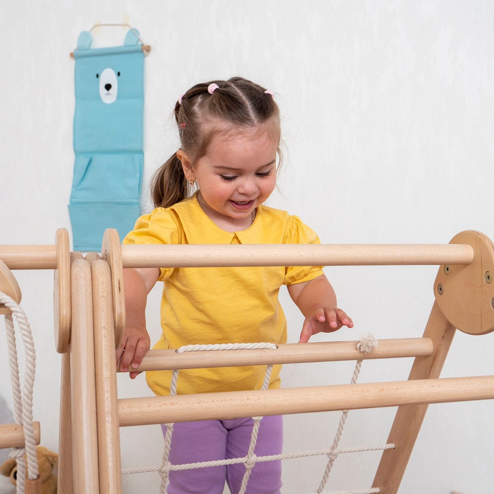 41х37″ Up to 4 Years Small Toddler Climbing Triangle Scandinavian Baby Play Gym, Montessori Play Gym with Waldorf Ladder or Baby Swing