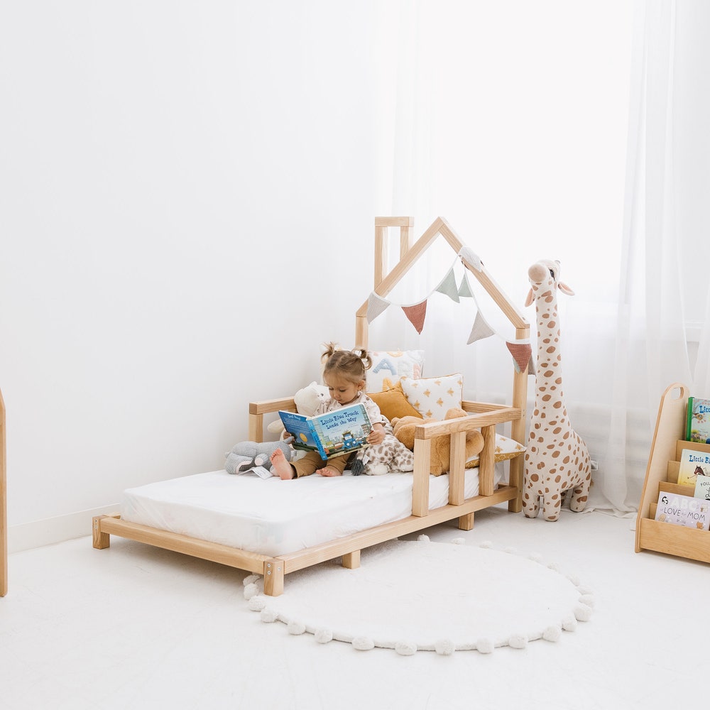 Toddler Floor Bed, Montessori furniture, House Bed Frame, Nursery playroom decor, Kid Bedroom Furniture, Wooden Baby Bed, Indoor playhouse