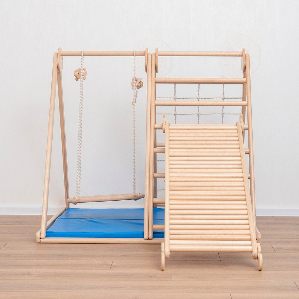41х37″ Up to 4 Years Small Scandinavian Climbing Triangle Complex with Massager Wobble Board, Waldorf Ladder or Baby Swing and Baby Play Mat