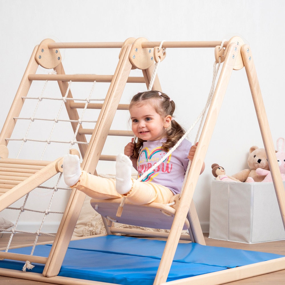 41х37″ Up to 4 Years Small Scandinavian Climbing Triangle Complex with Massager Wobble Board, Waldorf Ladder or Baby Swing and Baby Play Mat
