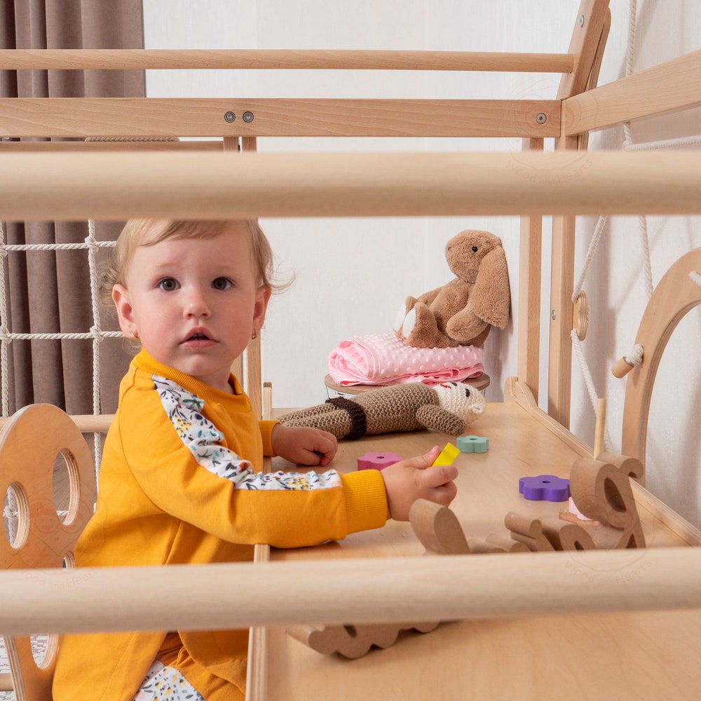 56x43" Up to 6 Years Indoor Playground Baby Gym Playhouse & Optional Wobble Board Wood Countertop, Montessori Nursery Mobile Home Gym