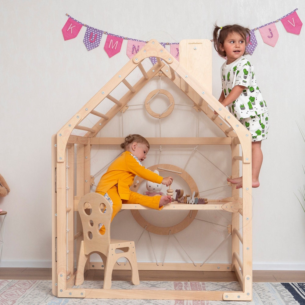 56x43" Up to 6 Years Indoor Playground Baby Gym Playhouse & Optional Wobble Board Wood Countertop, Montessori Nursery Mobile Home Gym