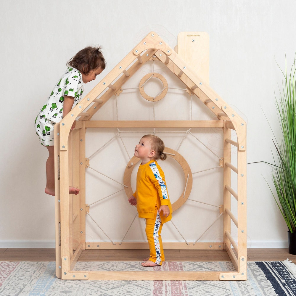 56x43" Up to 6 Years Indoor Playground Baby Gym Playhouse & Optional Wobble Board Wood Countertop, Montessori Nursery Mobile Home Gym