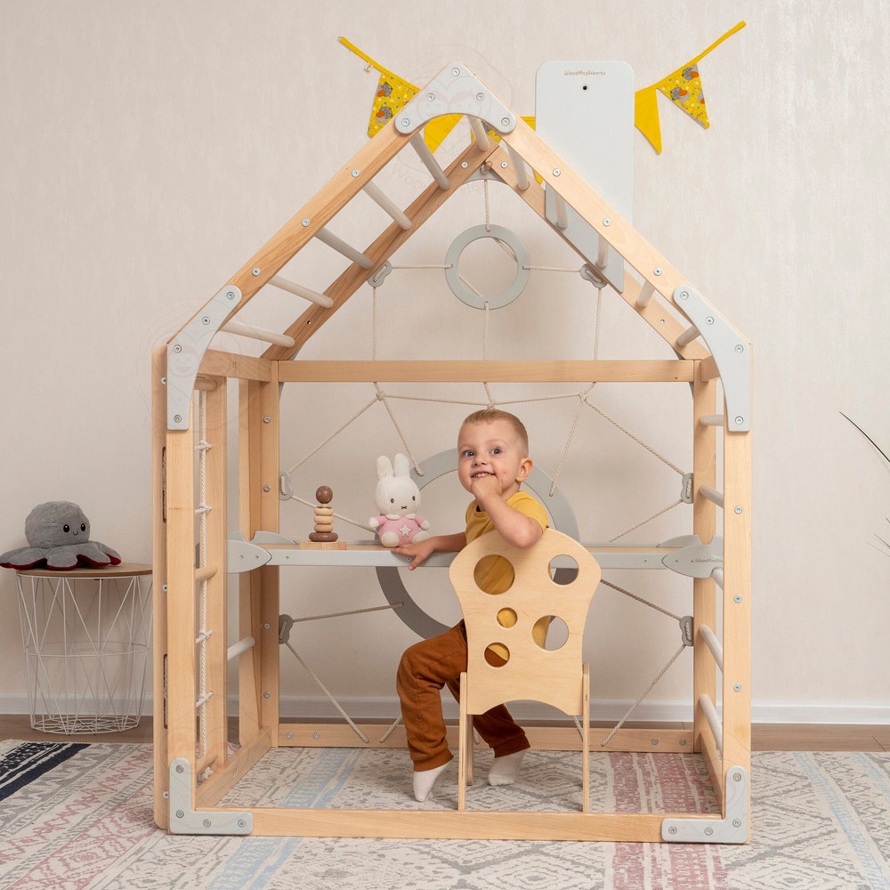 56x43" Up to 6 Years Indoor Playground Baby Gym Playhouse & Optional Wobble Board Wood Countertop, Montessori Nursery Mobile Home Gym
