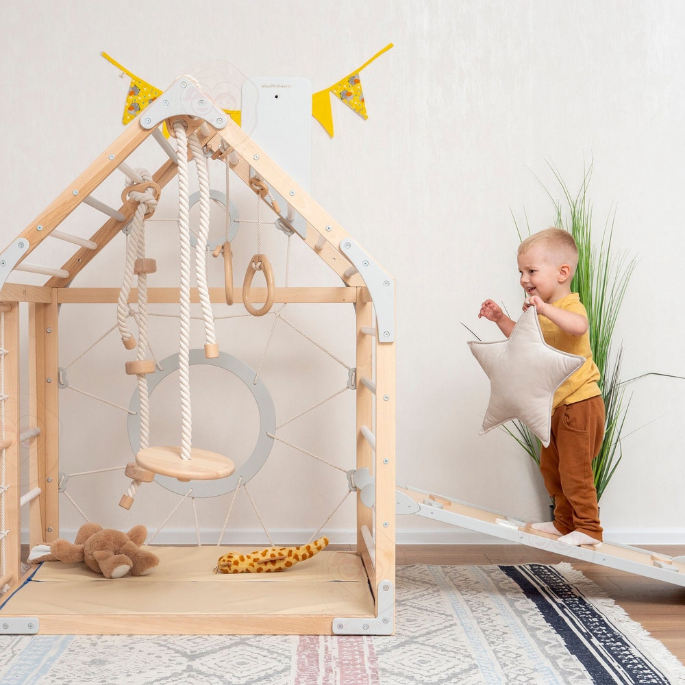 56x43" Up to 6 Years Baby Mobile Unique Montessori Play Gym Bundle: Toddler Gym Playhouse, Rock Climbing Wooden Slide & Baby Swing, Playmat