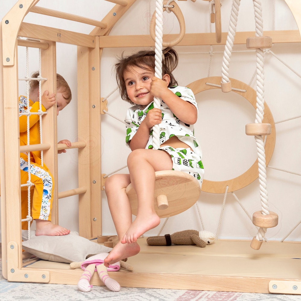 56x43" Up to 6 Years Baby Mobile Unique Montessori Play Gym Bundle: Toddler Gym Playhouse, Rock Climbing Wooden Slide & Baby Swing, Playmat