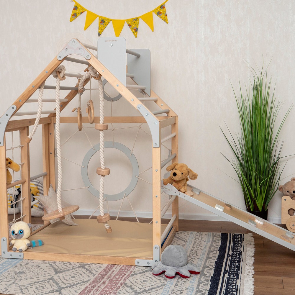 56x43" Up to 6 Years Baby Mobile Unique Montessori Play Gym Bundle: Toddler Gym Playhouse, Rock Climbing Wooden Slide & Baby Swing, Playmat