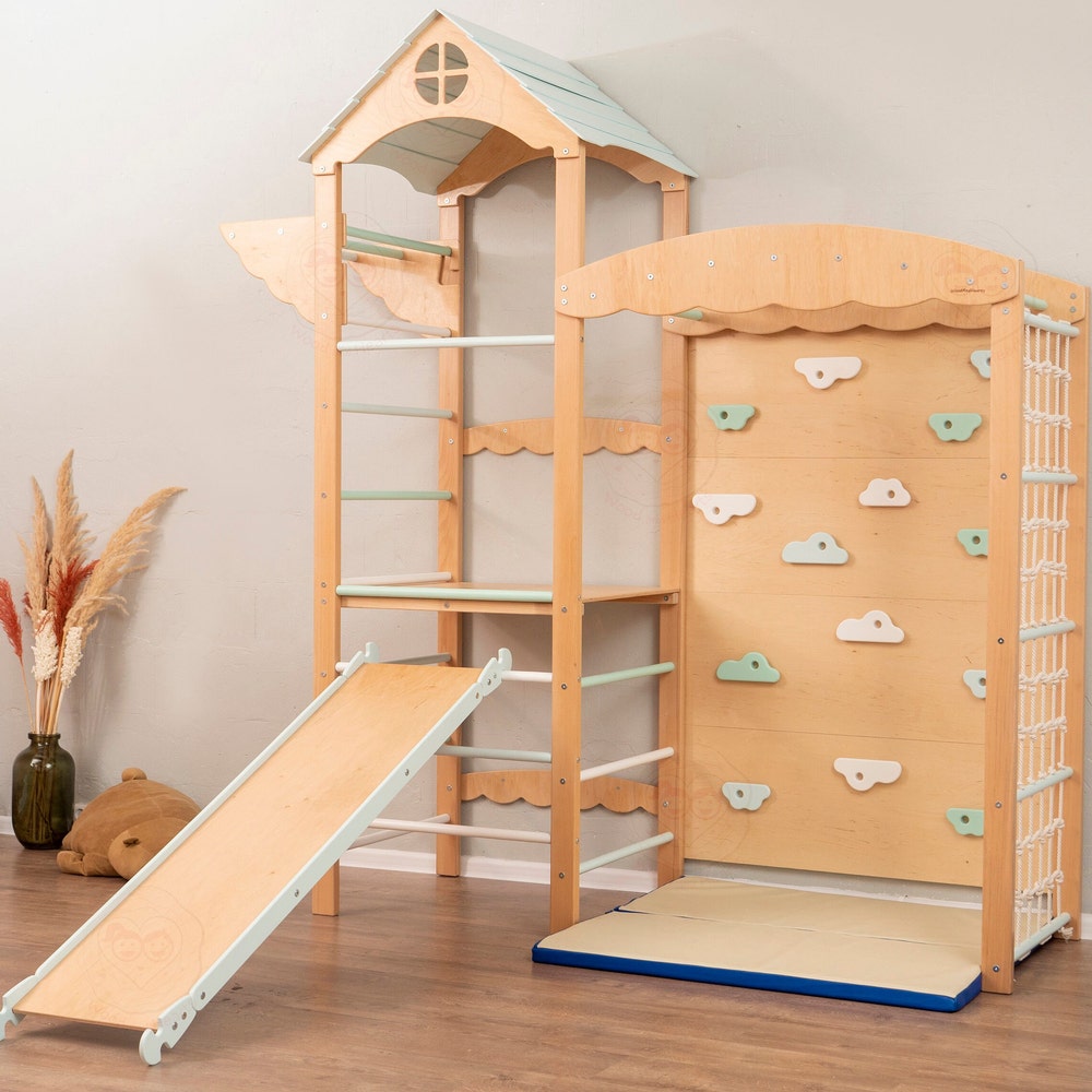 88x70" Baby Mobile Big Montessori Play Gym with Large Indoor Slide & Waldorf Soft Play Mat, Kids Furniture Home Gym Unique Gift, Babyzimmer