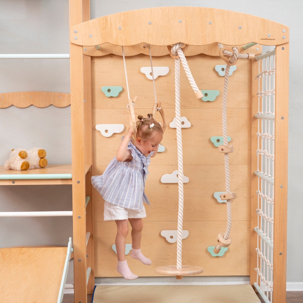 88x70" Nursery Mobile Indoor Playground Montessori Tower with Soft Playmat, Big Baby Slide, Swing, Gymnastics Rings & Waldorf Rope Lernturm