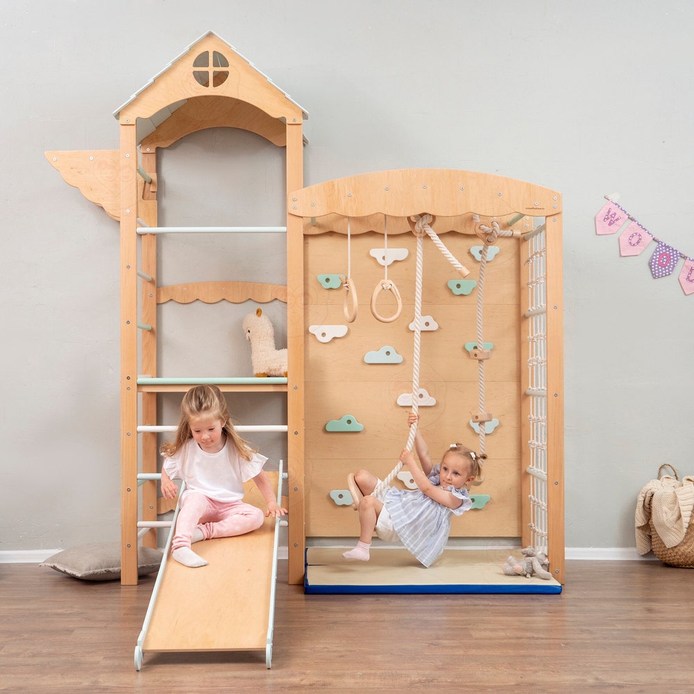 88x70" Nursery Mobile Indoor Playground Montessori Tower with Soft Playmat, Big Baby Slide, Swing, Gymnastics Rings & Waldorf Rope Lernturm