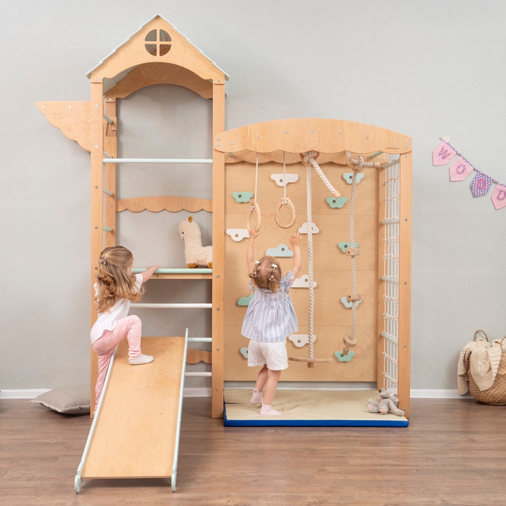 88x70" Nursery Mobile Indoor Playground Montessori Tower with Soft Playmat, Big Baby Slide, Swing, Gymnastics Rings & Waldorf Rope Lernturm
