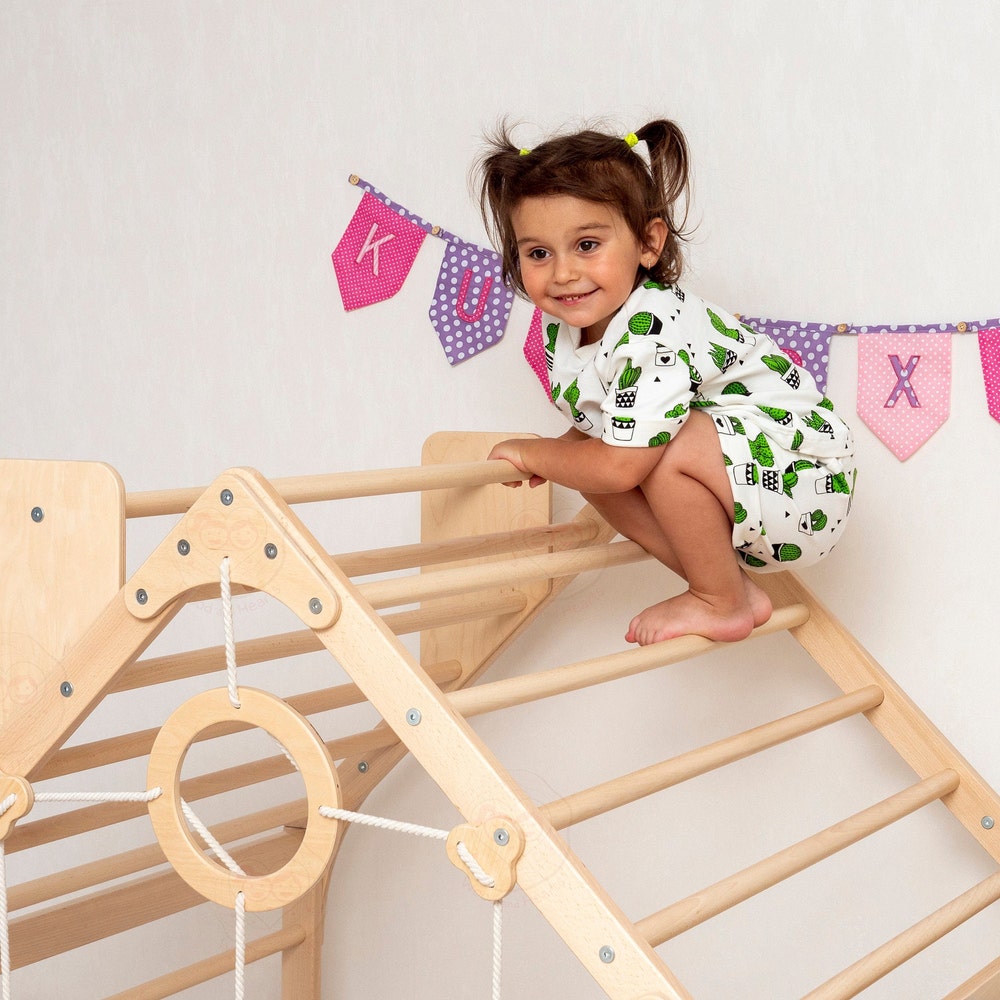 56x43" Up to 6 Nursery Mobile Toddler Climbing Gym with Rock Climbing Ramp & Optional Waldorf Rope Accessories or Soft Playmat Gift for Kids