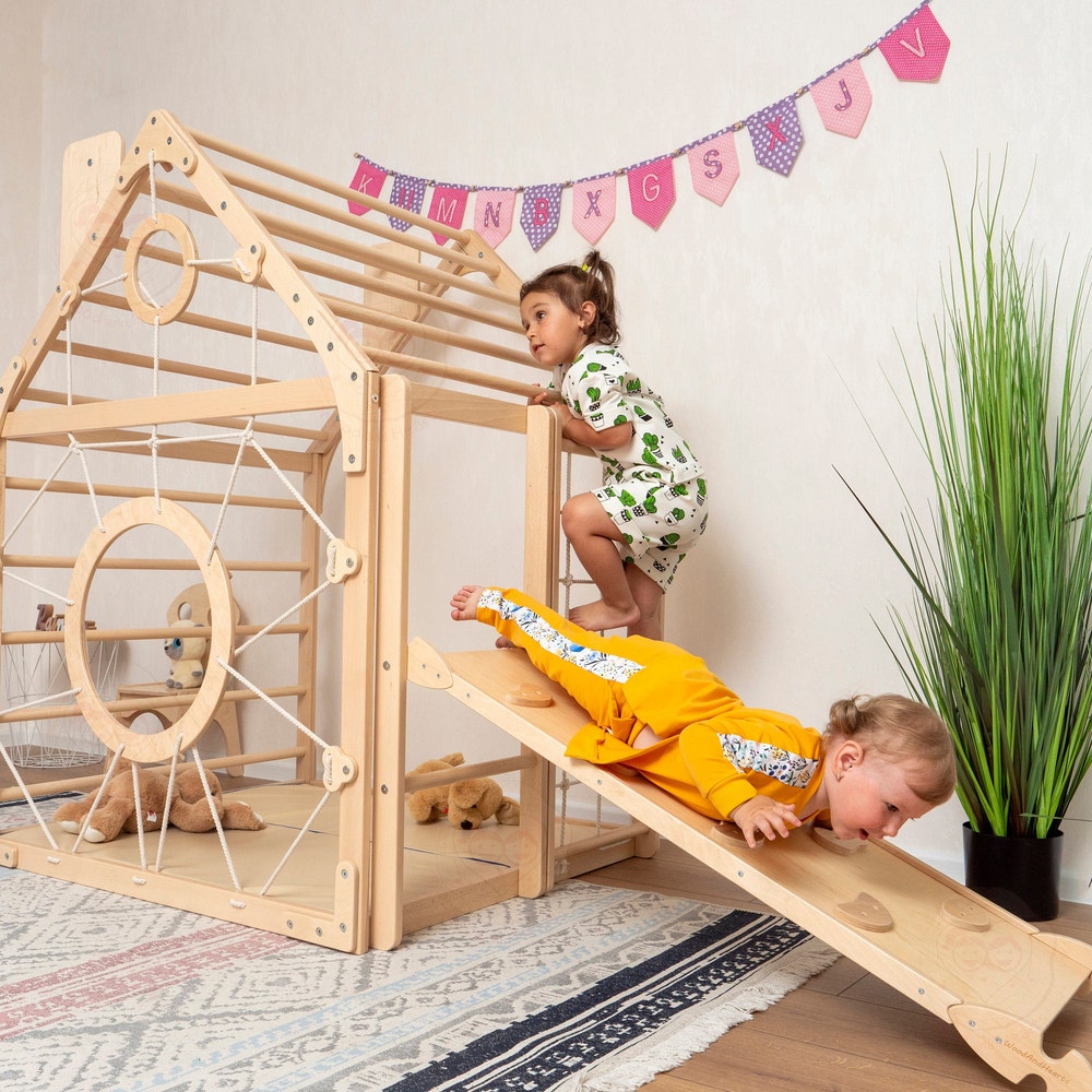 56x43" Up to 6 Nursery Mobile Toddler Climbing Gym with Rock Climbing Ramp & Optional Waldorf Rope Accessories or Soft Playmat Gift for Kids
