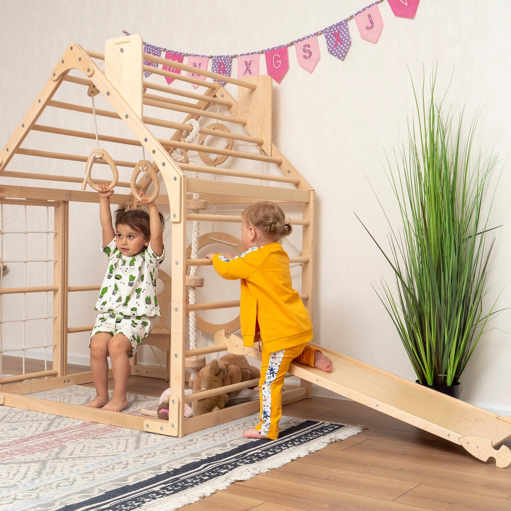 56x43" Up to 6 Nursery Mobile Toddler Climbing Gym with Rock Climbing Ramp & Optional Waldorf Rope Accessories or Soft Playmat Gift for Kids