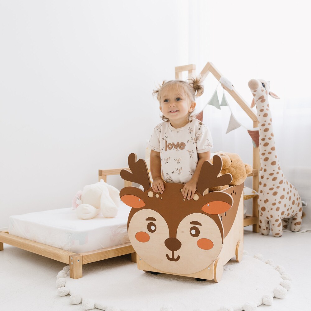 Toddler Playroom Toys Storage Box with Wheels, Toy Chest on Casters, Montessori Furniture, Nursery decor, First Christmas gift
