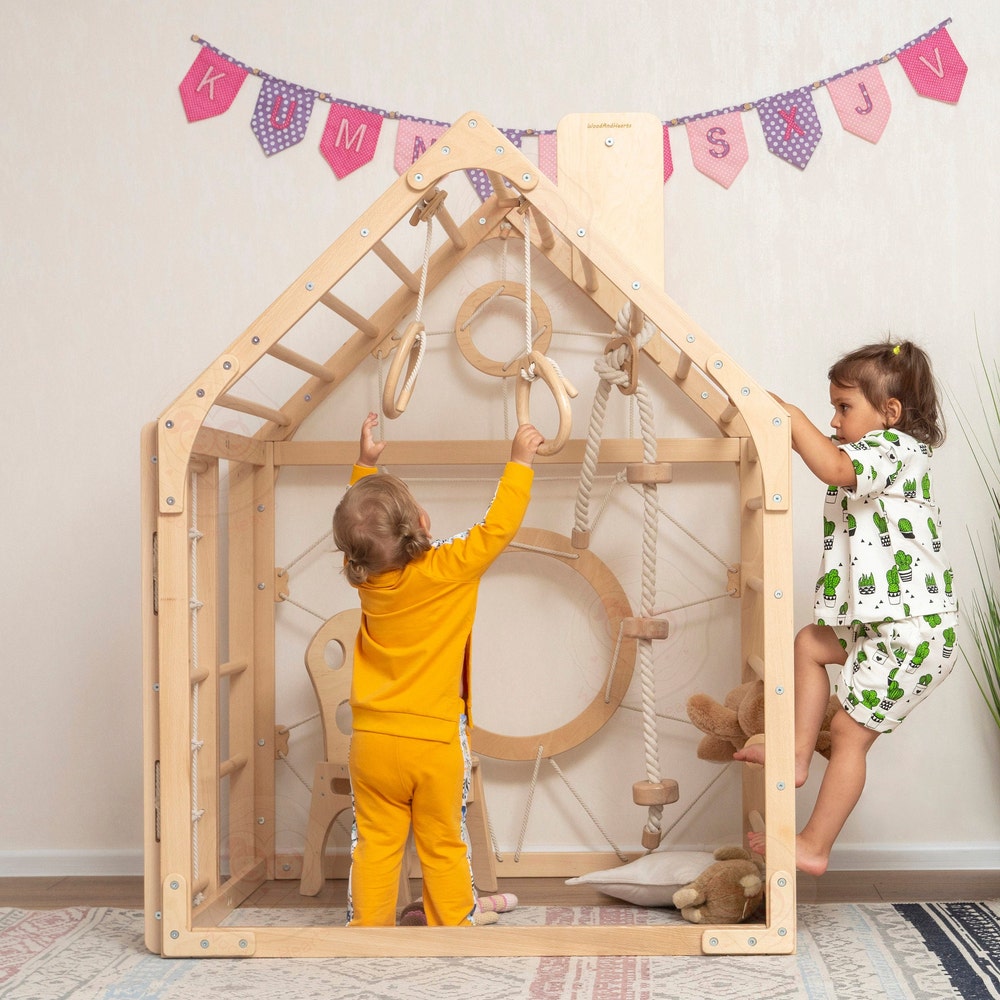 56x43" Up to 6 Years Montessori Climber Playhouse with Waldorf Baby Swing, Gymnastics Rings & Toddler Climber Rope, Handmade Furniture Gift