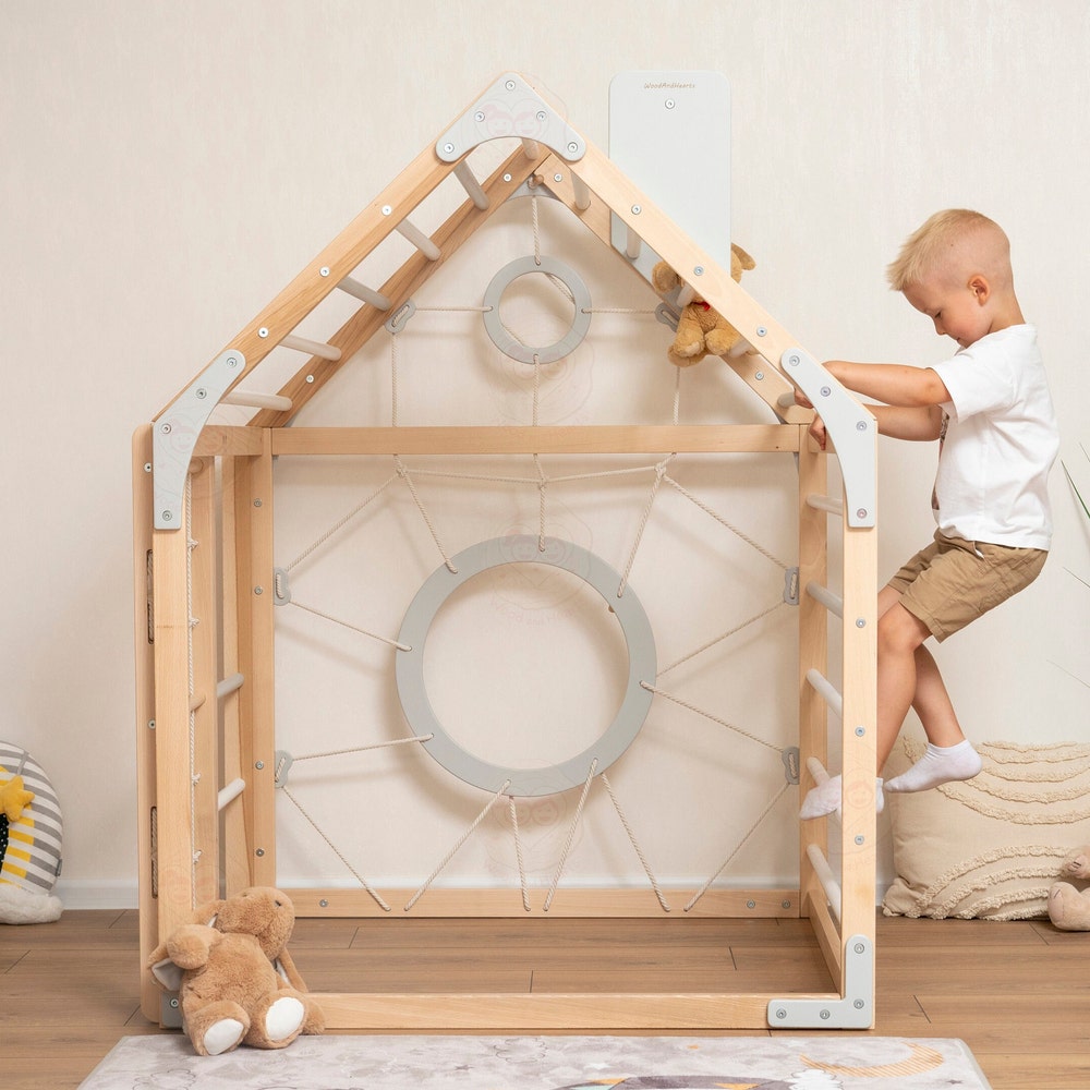 56x43" Up to 6 Years Montessori Climber Playhouse with Waldorf Baby Swing, Gymnastics Rings & Toddler Climber Rope, Handmade Furniture Gift
