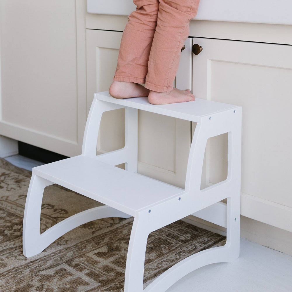 Toddler wooden step stool, Baby learning stool, Two Step stool for Kids and Adults, Kitchen Tower Helper Bathroom stool, White nursery decor