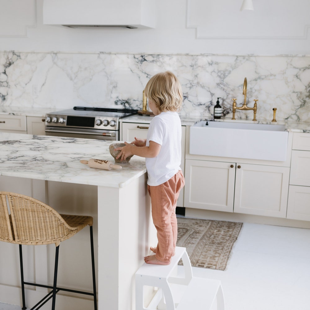 Toddler wooden step stool, Baby learning stool, Two Step stool for Kids and Adults, Kitchen Tower Helper Bathroom stool, White nursery decor