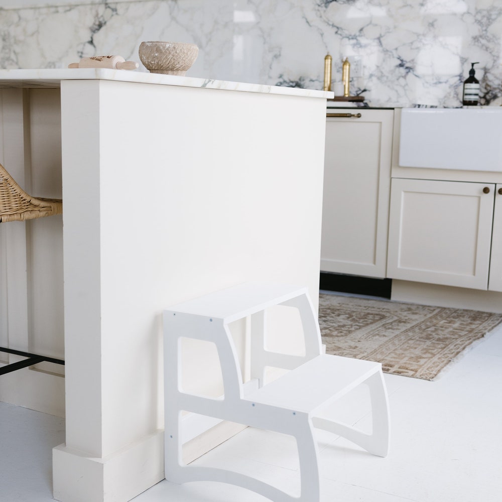 Toddler wooden step stool, Baby learning stool, Two Step stool for Kids and Adults, Kitchen Tower Helper Bathroom stool, White nursery decor