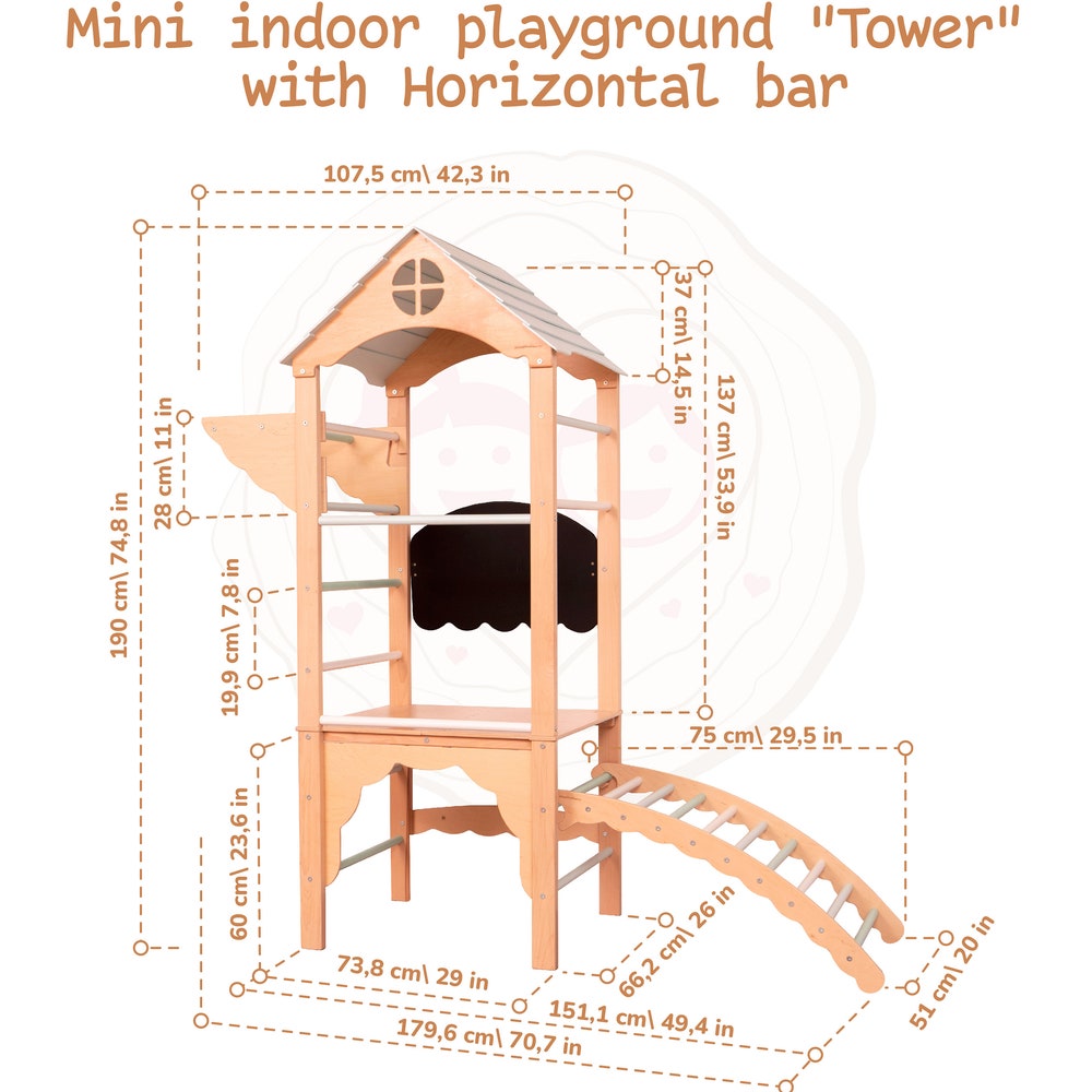75x71" Mini Montessori Climber Lernturm, Climbing Arch, Gymnastics Bar, Rock Climbing Wobble Board, Chalkboard & Optional Rope Accessories