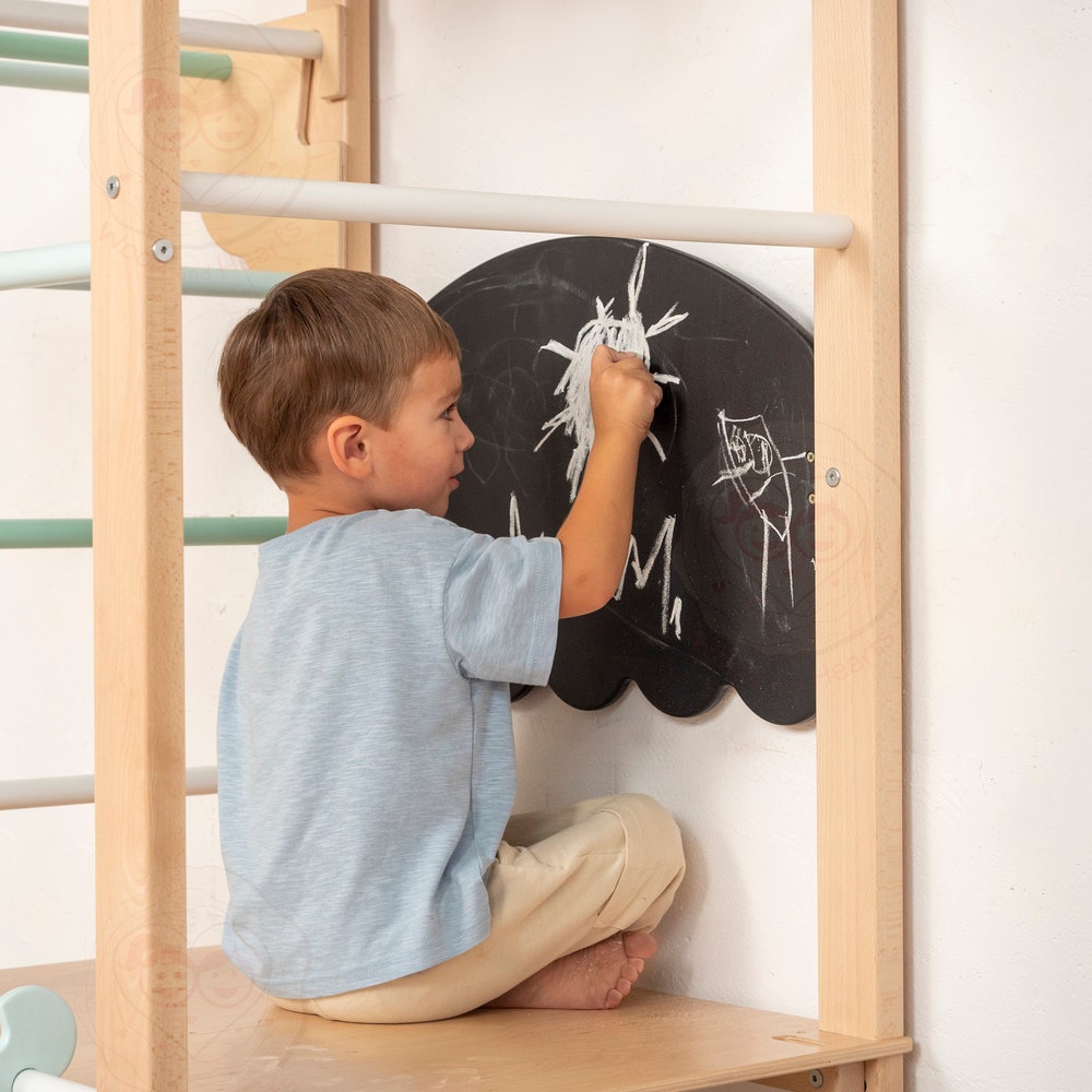 75x71" Mini Montessori Climber Lernturm, Climbing Arch, Gymnastics Bar, Rock Climbing Wobble Board, Chalkboard & Optional Rope Accessories