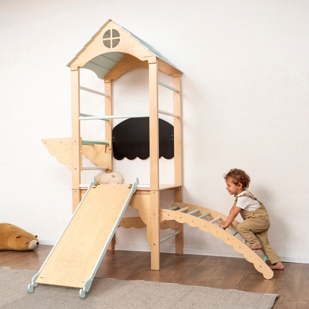 75x71" Mini Montessori Climber Lernturm, Climbing Arch, Gymnastics Bar, Rock Climbing Wobble Board, Chalkboard & Optional Rope Accessories