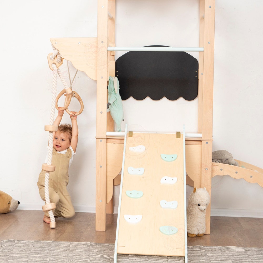75x71" Mini Montessori Climber Lernturm, Climbing Arch, Gymnastics Bar, Rock Climbing Wobble Board, Chalkboard & Optional Rope Accessories