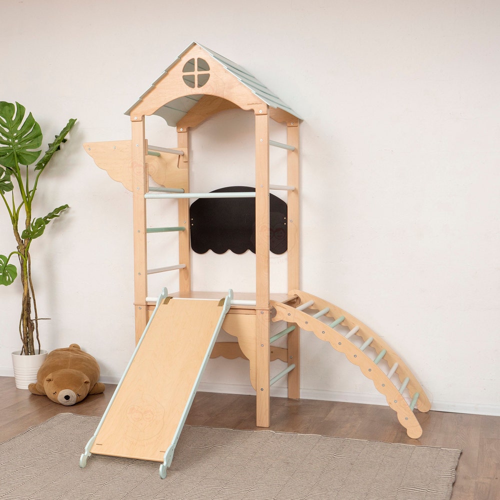 75x71" Mini Montessori Climber Lernturm, Climbing Arch, Gymnastics Bar, Rock Climbing Wobble Board, Chalkboard & Optional Rope Accessories
