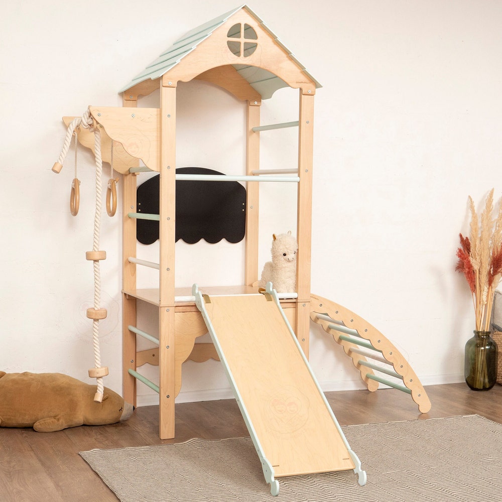 75x71" Mini Montessori Climber Lernturm, Climbing Arch, Gymnastics Bar, Rock Climbing Wobble Board, Chalkboard & Optional Rope Accessories