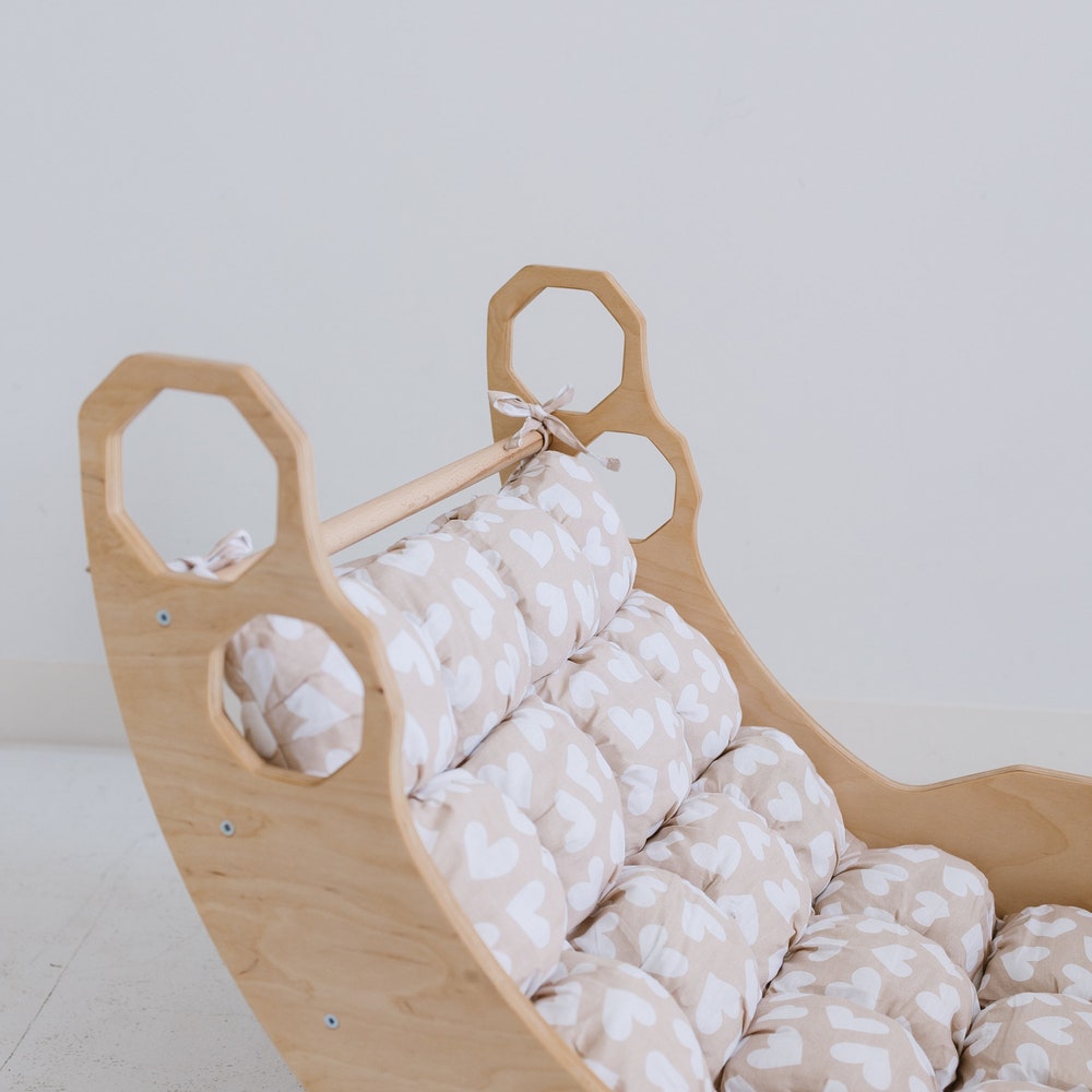 Climbing Set of 3 items with Cushion, Toddler Rocker, Montessori Furniture, Baby Wooden Gym, Arch with pillow, Foldable triangle, 1st Gift