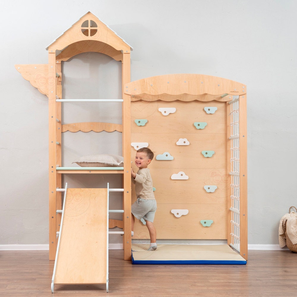 88x70" Baby Mobile Big Montessori Play Gym with Large Indoor Slide & Waldorf Soft Play Mat, Kids Furniture Home Gym Unique Gift, Babyzimmer
